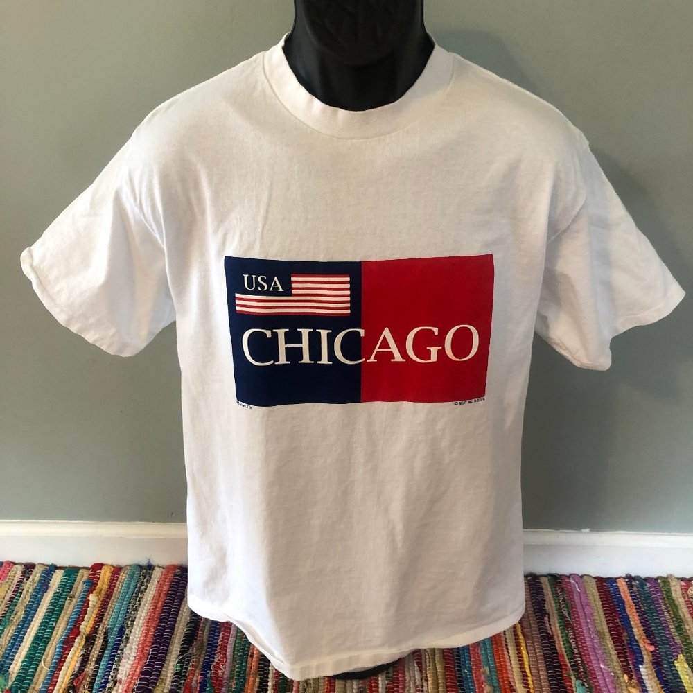 80s Chicago USA Flag Shirt Oneita Power Tee White Large